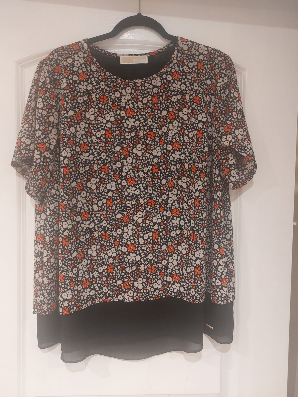 MICHAEL Michael Kors Black Blouse with Red/Orange & White Floral Print
